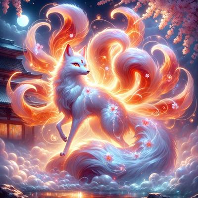 The primary subject of the image is a white and orange fox with a long tail. The fox is standing in front of a building, which serves as the setting. The visual style of the image is digital art, as it is a detailed and colorful illustration. The dominant colors in the image are white and orange, creating a warm and vibrant atmosphere.